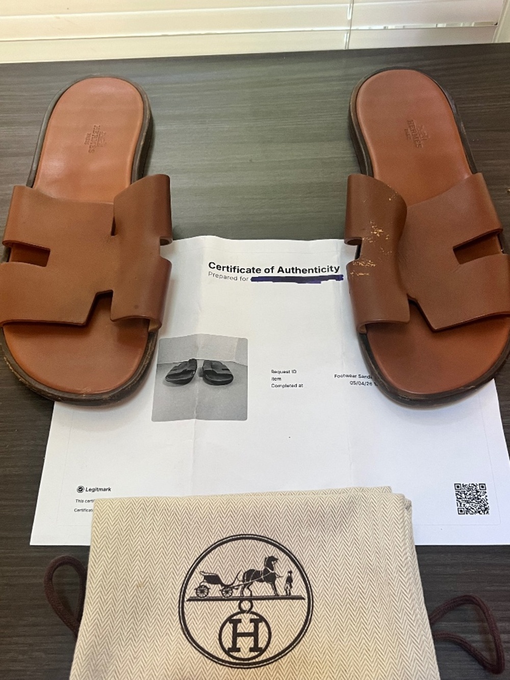 Hermes Brown Leather izmir Sandals with COA, size 45